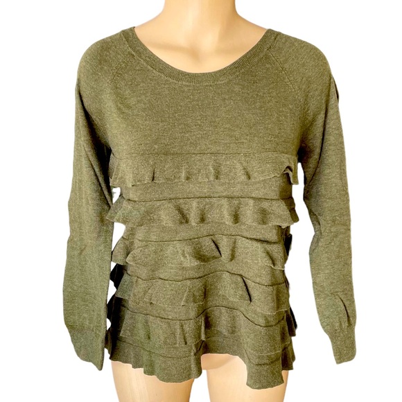 J. CREW Sweater Crew Neck Ruffled Tiers Cotton Wool Knit Olive Green Small - Picture 2 of 15